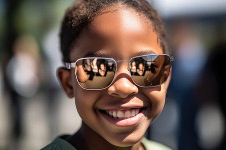 a young student wearing sunglasses while smiling at the camera, created with generative aiの素材