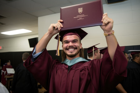 a smiling graduate holding his diploma high above his head, created with generative aiの素材