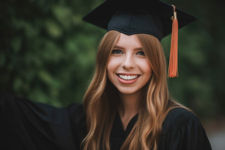 portrait of a happy young graduate wearing her graduation hat, created with generative aiの素材
