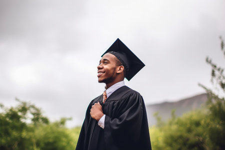 shot of an happy and young graduate standing alone outside, created with generative aiの素材