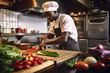 shot of a man chopping vegetables for cooking at their restaurant, created with generative aiの素材