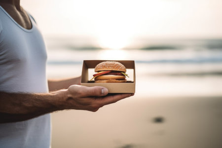 shot of a man holding an empty burger box on the beach, created with generative aiの素材