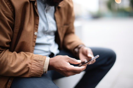 cropped shot of a man using his cellphone while sitting outside, created with generative aiの素材