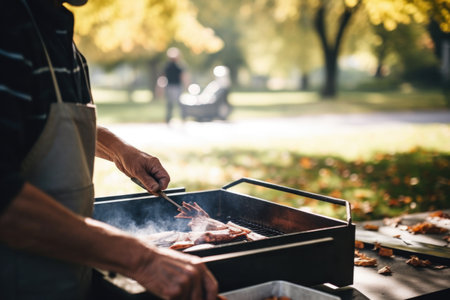 shot of an unrecognizable person cooking with a grill at the park, created with generative aiの素材