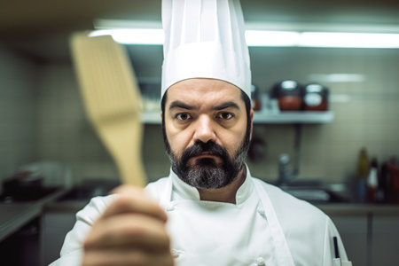 shot of an unidentifiable chef holding a spatula while inside his kitchen, created with generative aiの素材