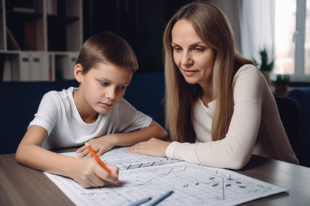 remote tutor works one-on-one with schoolchild to master difficult math concepts, created with generative aiの素材