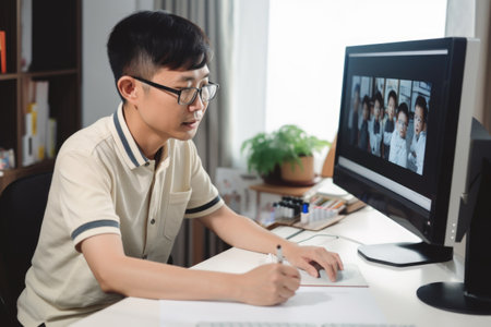 remote tutor uses camera and screen sharing technology to teach student on the computer, created with generative aiの素材