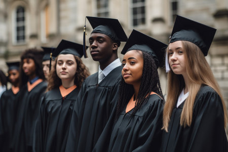 shot of a group of students standing outside on graduation day, created with generative aiの素材