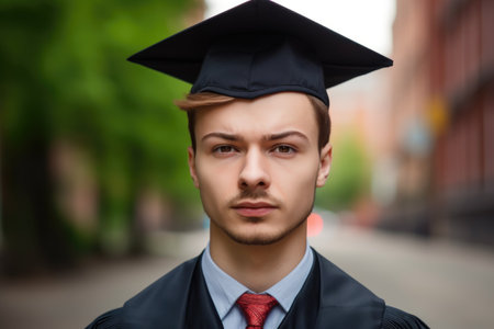 portrait of a handsome young college student on graduation day, created with generative aiの素材