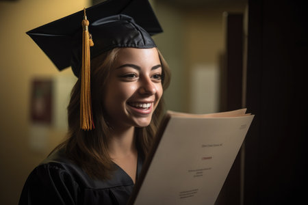 a beautiful young student reading her diploma with a smile, created with generative aiの素材