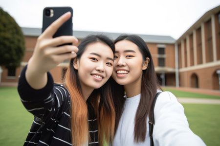 two university students taking a selfie together on campus, created with generative aiの素材