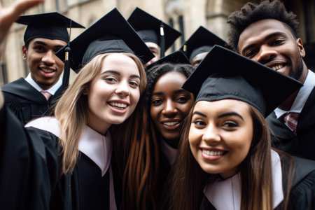 shot of a group of university students taking a selfie outside on graduation day, created with generative aiの素材