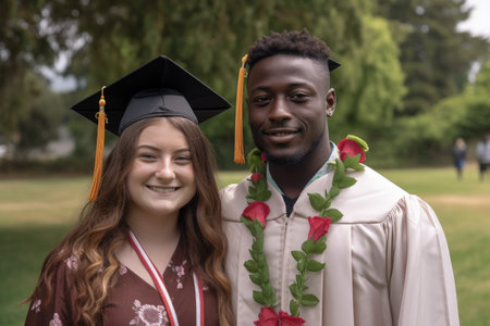 two young people standing together after their graduation ceremony, created with generative aiの素材