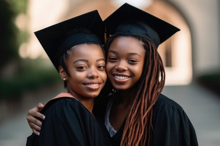 portrait, student and black woman on graduation day happy after exam or test in college, created with generative aiの素材