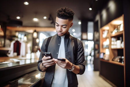 shot of a young man making payments using his phone at a store, created with generative aiの素材
