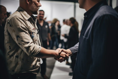 shot of two unrecognizable people shaking hands at an event, created with generative aiの素材
