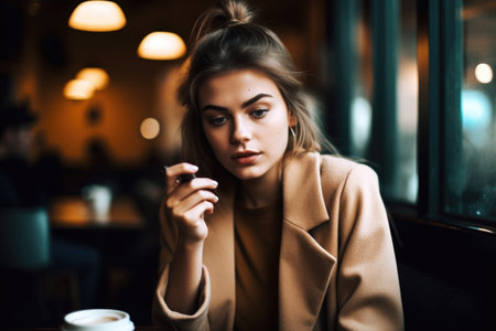 shot of a young woman using her cellphone while having coffee in a cafe, created with generative aiの素材
