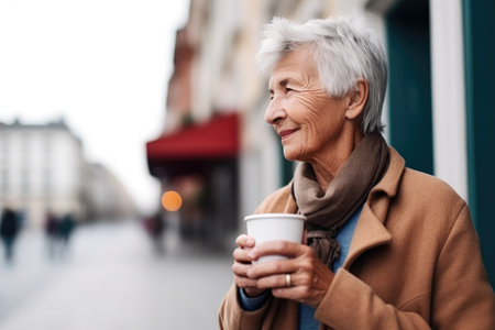 cropped shot of a confident senior woman drinking coffee while standing outside in the city, created with generative aiの素材