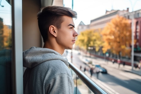 rearview shot of a young man admiring the view outside on a walkway in the city, created with generative aiの素材