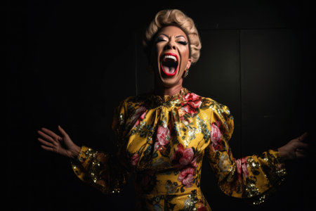 a drag queen in a show stopping outfit laughing with her mouth open, created with generative aiの素材