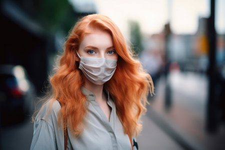 shot of a young woman wearing a mask and looking uncertain while walking outdoors, created with generative aiの素材