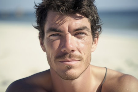 closeup of a man looking at the camera while sitting on the beach, created with generative aiの素材