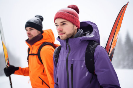 cropped shot of two young male athletes grabbing their skis while standing outside, created with generative aiの素材