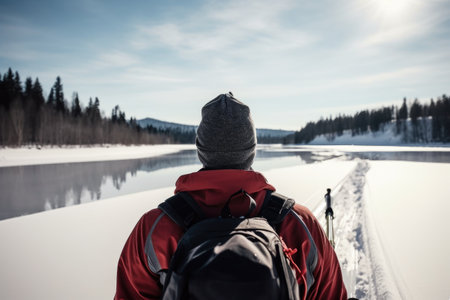 rearview shot of a sportsman about to ski, created with generative aiの素材