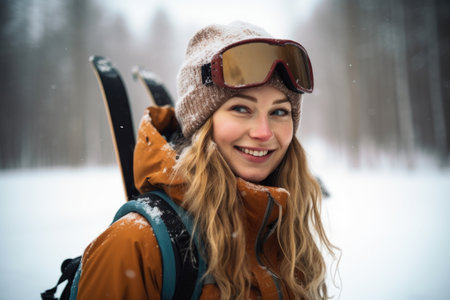 a young woman getting ready to ski with a smile, created with generative aiの素材