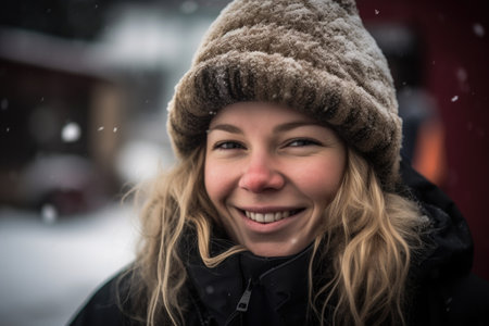 a young woman getting ready to ski with a smile, created with generative aiの素材