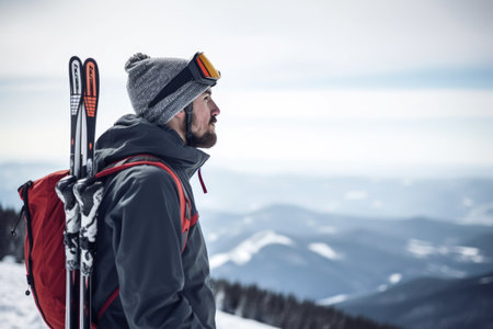 shot of a young male skier looking at the view, created with generative aiの素材