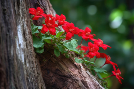 closeup of red flowers growing up a tree trunk, created with generative aiの素材