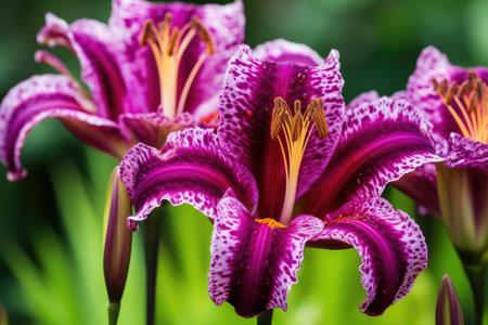 closeup of gorgeous purple lily flowers growing in nature, created with generative aiの素材