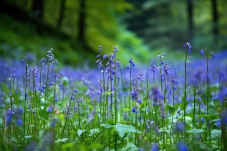 closeup of bluebell flowers growing on a natural green forest background, created with generative aiの素材