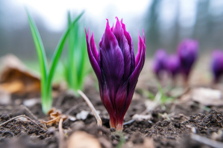 closeup of a purple crocus or vernal crocus flower blossom emerging from the soil, created with generative aiの素材