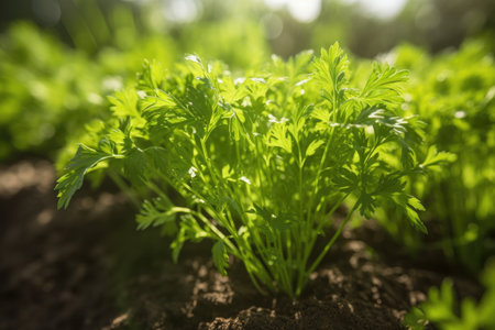 closeup of a healthy green plant growing outdoors in the sun, created with generative aiの素材