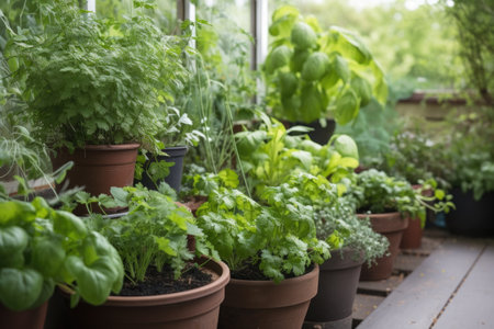 closeup of potted plants growing inside and outside, created with generative aiの素材