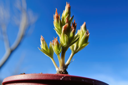 flower bud in a pot growing and budding against a blue sky background, created with generative aiの素材