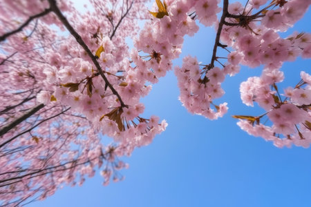 closeup of beautiful pink cherry blossoms with blue sky background, created with generative aiの素材