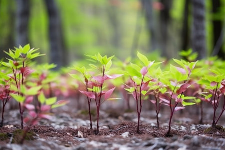 closeup of young sakura trees growing outdoors in a forest, created with generative aiの素材