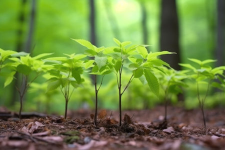 closeup of young sakura trees growing outdoors in a forest, created with generative aiの素材