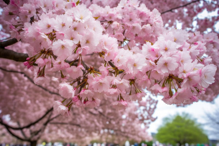 closeup of a flowering cherry blossom tree, created with generative aiの素材