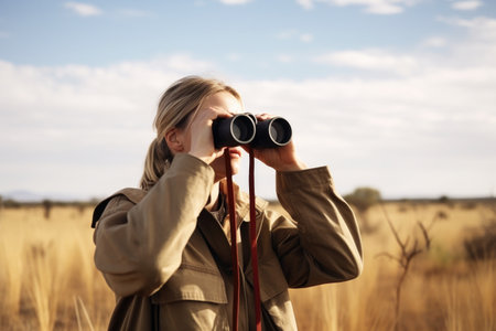 shot of a young female biologist using binoculars to survey the landscape, created with generative aiの素材