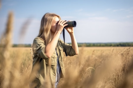 shot of a young woman biologist using binoculars to survey the terrain while working in the field, created with generative aiの素材