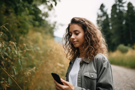 shot of a young woman using her cellphone while out for a walk in nature, created with generative aiの素材