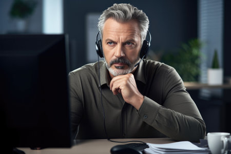 cropped shot of a handsome mature male call center agent working at his desk in the office, created with generative aiの素材
