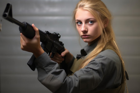 a young woman holding a gun and pointing it at the camera, created with generative aiの素材
