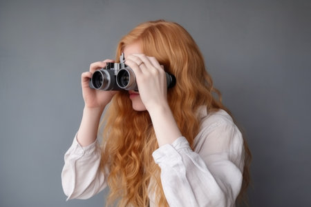 shot of a masked young woman holding and using binoculars against a grey wall, created with generative aiの素材