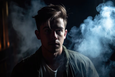 shot of a young man surrounded by dark smoke, created with generative aiの素材