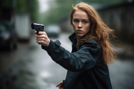 a young woman holding a gun while on the run from an attack, created with generative aiの素材